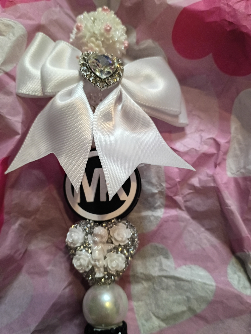 White Satin Bow Heart Charm Pen - Decorative Office Accessory